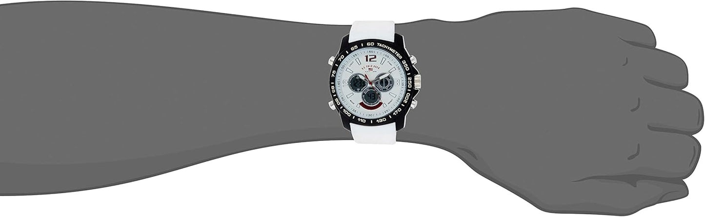 HOTU.S. Polo Assn. Men's Chronograph Sport Watch – Ana-Digital Display with Tachymeter Bezel, Dual Time, Stopwatch & Alarm – White Silicone Strap – 46mm Case – Fits Wrists 5.5" to 8"
