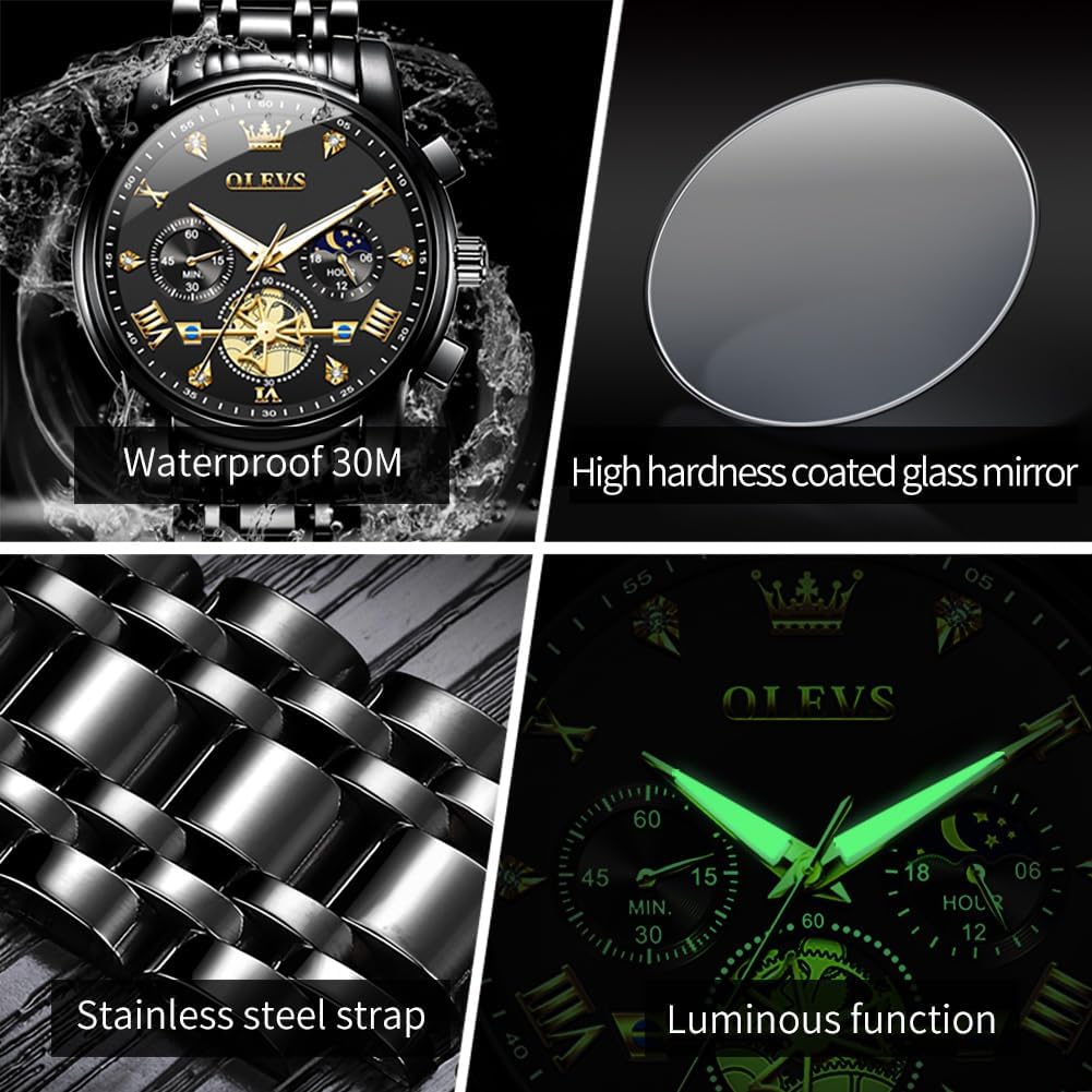 HOTOLEVS Mens Watches Chronograph Watch Luxury Dress Stainless Steel Waterproof Watches for Men Moon Phase Luminous Business Calendar Wrist Watch Blue/Black/Green/Gold/Face