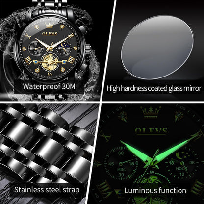 HOTOLEVS Mens Watches Chronograph Watch Luxury Dress Stainless Steel Waterproof Watches for Men Moon Phase Luminous Business Calendar Wrist Watch Blue/Black/Green/Gold/Face