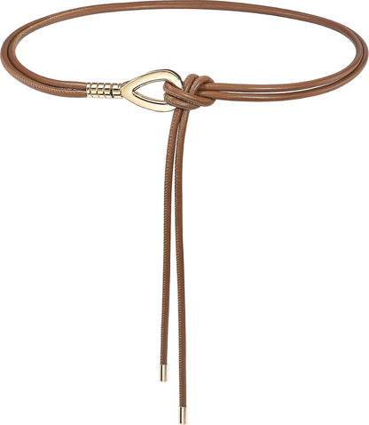 HOTWomen Knotted Skinny PU Leather Waist Belt Gold Buckle for Dresses