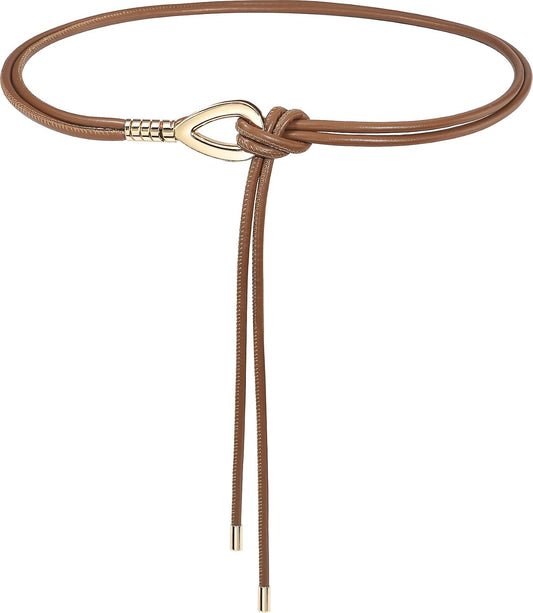 HOTWomen Knotted Skinny PU Leather Waist Belt Gold Buckle for Dresses