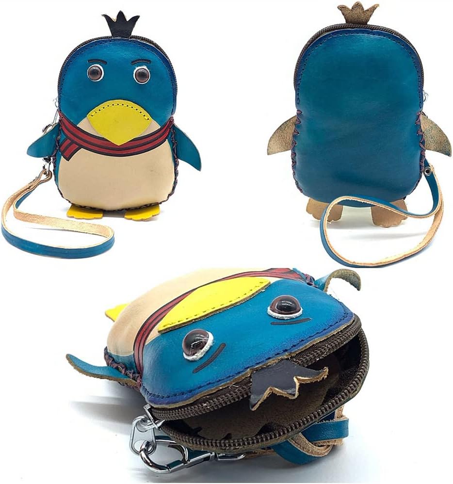 HOTHandmade Vintage Genuine Leather 3D Animal Penguin Coin Purse with Removable wrist strap