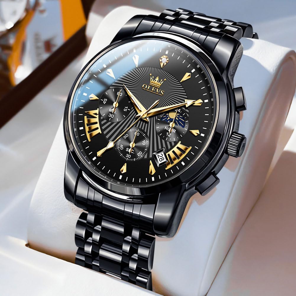 HOTOLEVS Mens Watches Luxury Waterproof Luminous Easy Read Chronograph Watches Full Gold/White Dail/Black Face with Calendar Wrist Watches