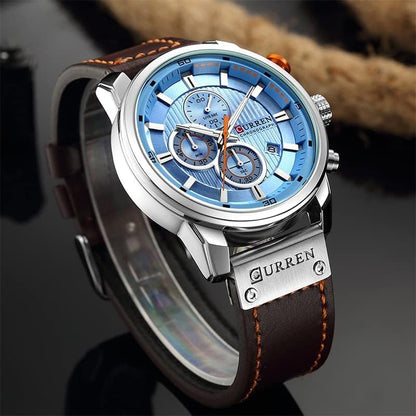 HOTFANMIS Mens Sport Military Analog Quartz Watch Chronograph Classic Casual Business Dress Waterproof Watch Multifunctional Wristwatch with Leather Strap