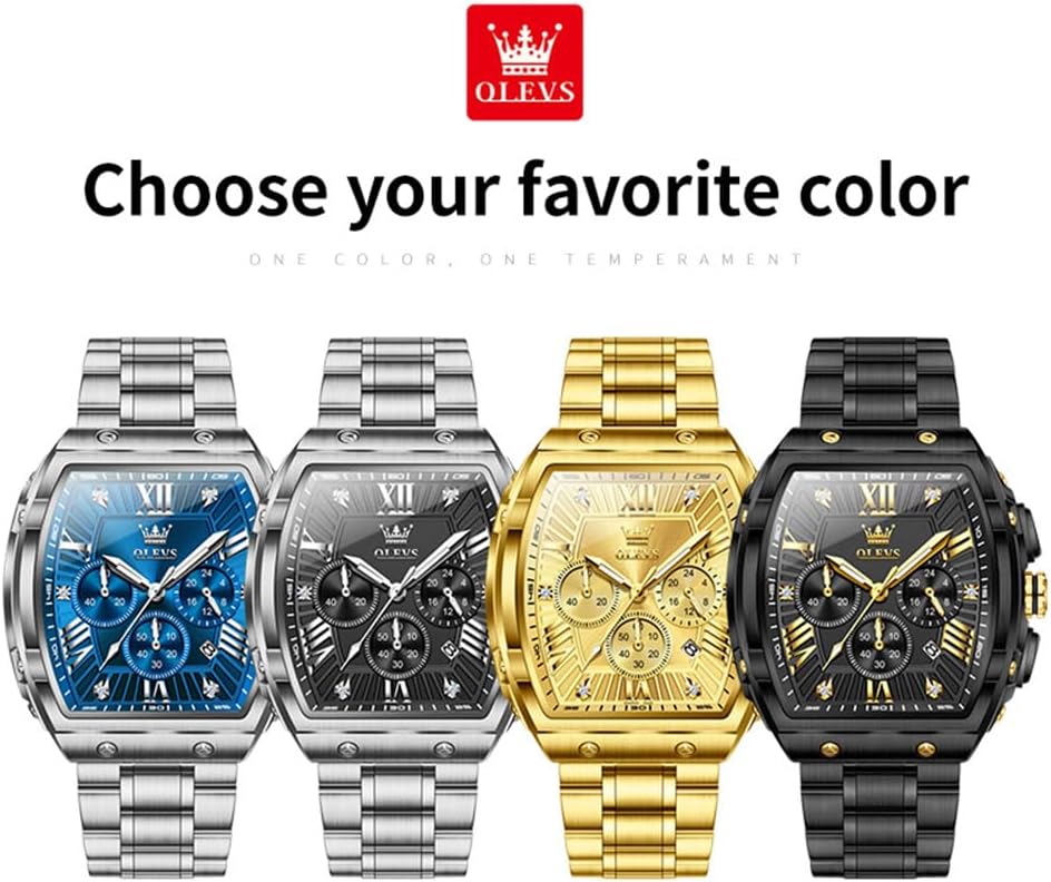 HOTOLEVS Mens Watches Analog Quartz Chronograph Square Dress Watch for Man Stainless Steel or Leather Band Waterproof Luminous Date Male Watch