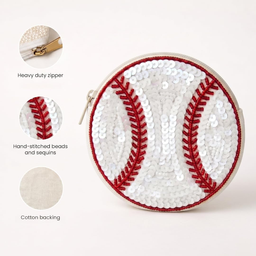 HOTBeaded Coin Purse Change Zipper Pouch Wallet Baseball | Handmade Beadwork, Compact Organizer, Cash Holder, Card Storage, Makeup Pouch, Giftable Accessory, Everyday Carry