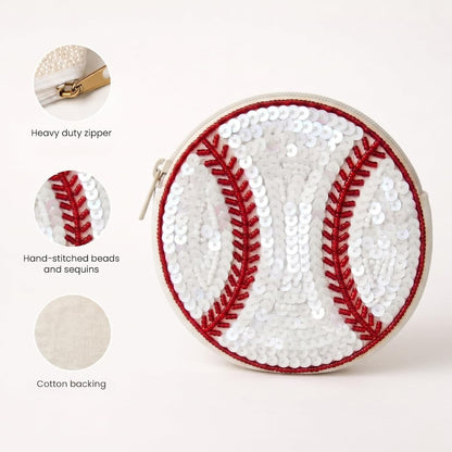 HOTBeaded Coin Purse Change Zipper Pouch Wallet Baseball | Handmade Beadwork, Compact Organizer, Cash Holder, Card Storage, Makeup Pouch, Giftable Accessory, Everyday Carry