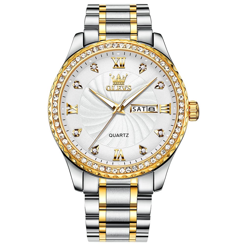 HOTOLEVS Men's Casual Stainless Steel Watch, Big Face Easy to Read Analog Quartz Watch with Day and Date, Classic Waterproof Diamond Roman Arabic Numeral Dial Dress Watch for Men, Gold Silver Black Band