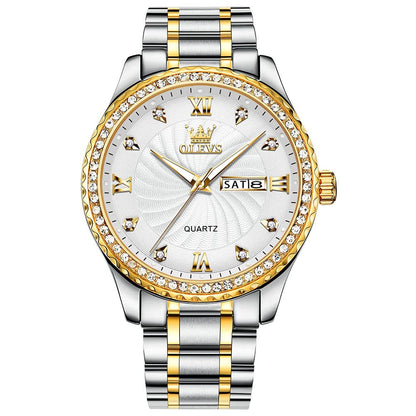 HOTOLEVS Men's Casual Stainless Steel Watch, Big Face Easy to Read Analog Quartz Watch with Day and Date, Classic Waterproof Diamond Roman Arabic Numeral Dial Dress Watch for Men, Gold Silver Black Band