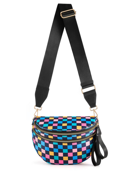 HOTBlack and White Checkered Crossbody Bag Bum Bag for Women,Spacious Checkered Purse Fanny Packs Belt Bag