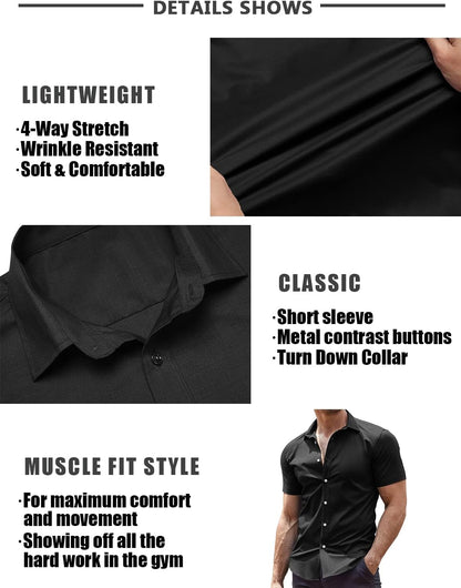 HOTCOOFANDY Men's Muscle Fit Dress Shirts Wrinkle-Free Short Sleeve Casual Button Down Shirt