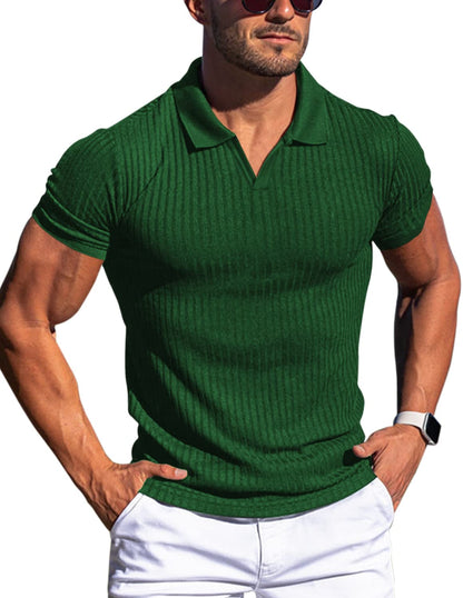 HOTMen's Muscle V Neck Polo Shirts Slim Fit Short Long Sleeve Cotton Golf T-Shirts Ribbed Knit Soft Tees