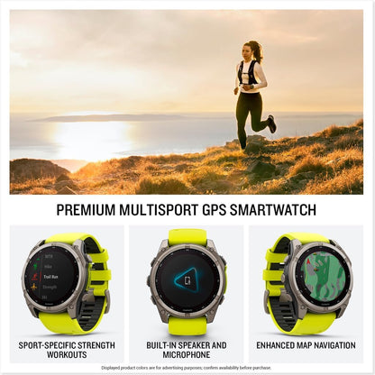 HOTGarmin fēnix® 8 – 51 mm, Solar, Sapphire, Premium Multisport GPS Smartwatch, Long-Lasting Battery Life, Dive-Rated, Built-in LED Flashlight, Titanium with Amp Yellow/Graphite Band | 51mm Solar Sapphire Fenix 8 with Titanium Bezel, Built-in LED Flashlig