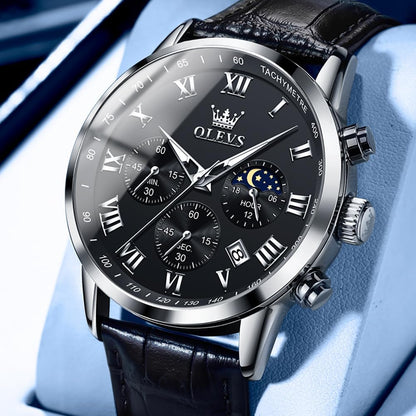HOTOLEVS Men's Leather Analog Quartz Watch Luxury Chronograph Watch Waterproof