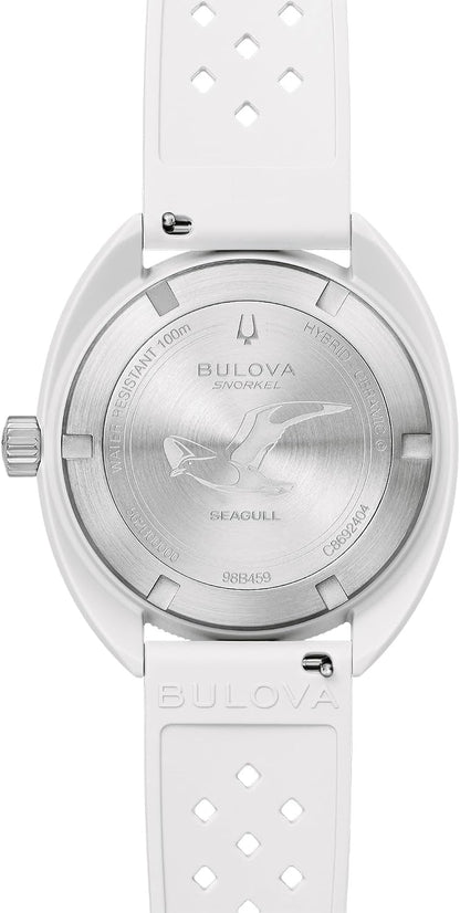 HOTBulova Oceanographer Snorkel Amazon Exclusive Ceramic Case and White Perforated Rubber Strap Watch, Day Date 100M WR