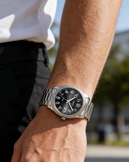 HOTCIVO Silver Analog Watches for Men: Stainless Steel Dress Wrist Watch Date | Classic, Easy to Read Large Numbers, Waterproof for Work, Formal, Gifts for Husband, Son, Father, Birthday, Anniversary