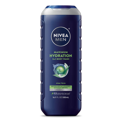 HOTNIVEA MEN Maximum Hydration Body Wash for Dry Skin, Aloe Vera Enriched, 3-in-1 Moisturizing Body Wash, Face and Hair, Paraben Free, Vegan Formula, 16.9 Fl Oz Bottle, Pack of 3
