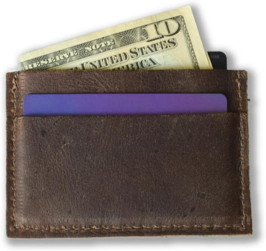 HOTHandmade Leather Card Holder Slim Wallet for Men or Women - Full Grain Chocolate Brown Leather