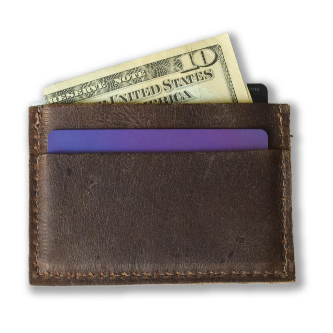 HOTHandmade Leather Card Holder Slim Wallet for Men or Women - Full Grain Chocolate Brown Leather