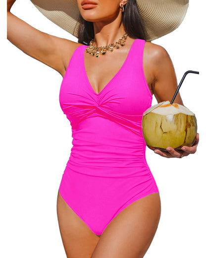 HOTWomen's Tummy Control One Piece Swimsuit Push Up Full Coverage Bathing Suit | V-Neck Twist Front, Low-Back Design, Adjustable Straps, Removable Pads, Full Coverage, Long-Torso Fit, Beach and Pool Days