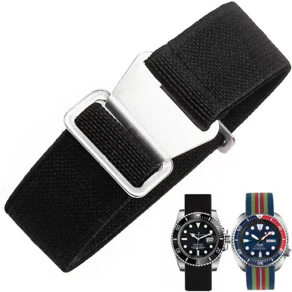 HOTFrench Troops Paratrooper Watchband,Military Elastic Nylon Watch Strap with Hook-and-Loop for Men Women Silver & Black Buckle 18/20/22mm