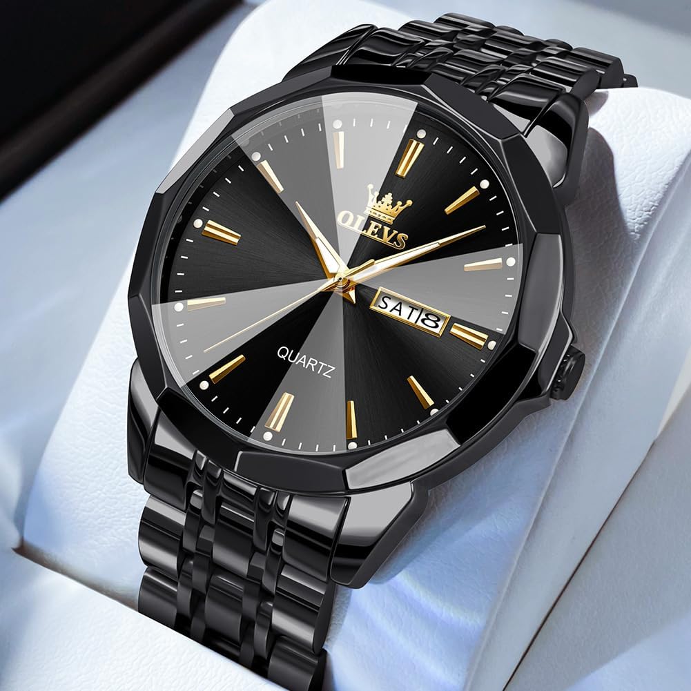 HOTOLEVS Watch for Men Diamond Business Dress Analog Quartz Stainless Steel Waterproof Luminous Date Two Tone Luxury Casual Wrist Watch Blue