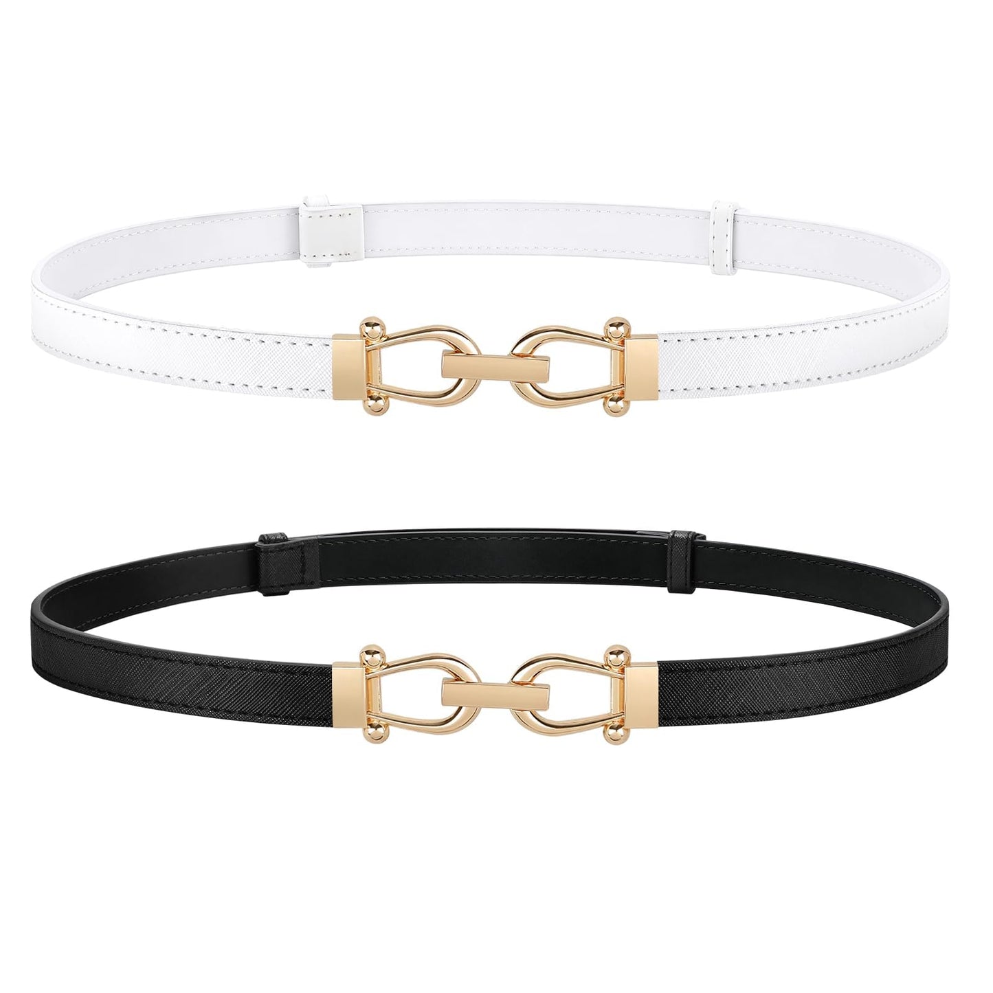 HOTJASGOOD 2 Pack Thin Belts for Women Fashion Skinny Leather Waist Belts for Jeans Pants Dresses with Gold Buckle