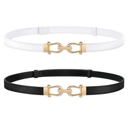 HOTJASGOOD 2 Pack Thin Belts for Women Fashion Skinny Leather Waist Belts for Jeans Pants Dresses with Gold Buckle