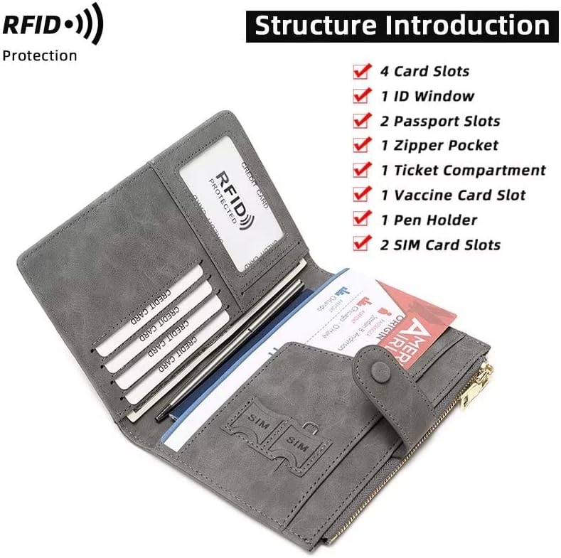 HOTMudono RFID Blocking Slim Passport Wallet, Travel Document Organizer | Vegan Leather Passport Holder for Women and Men, Travel Credit Card Case with ID Window, Zipper Pocket and Pen Holder