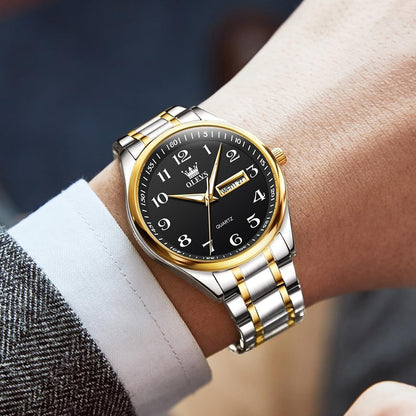 HOTOLEVS Men's Casual Stainless Steel Watch, Big Face Easy to Read Analog Quartz Watch with Day and Date, Classic Waterproof Diamond Roman Arabic Numeral Dial Dress Watch for Men, Gold Silver Black Band