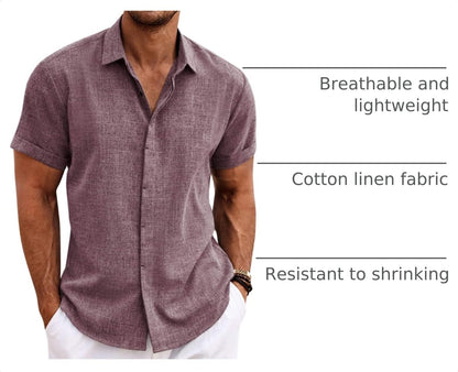 HOTCOOFANDY Men's Linen Shirts Short Sleeve Casual Shirts Button Down Shirt for Men Beach Summer Wedding Shirt