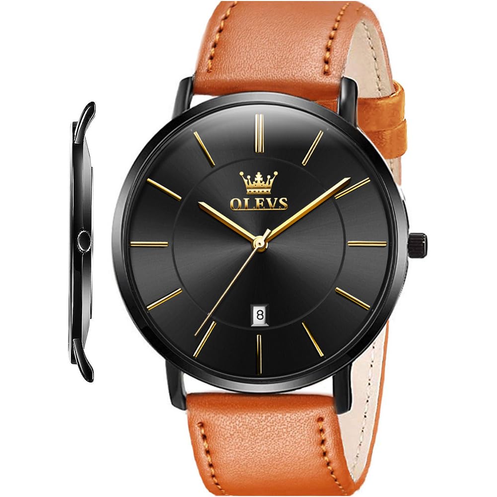 HOTOLEVS Men Leather Watches Black Ultra Thin 6.5mm Minimalist Dress Fashion Simple Casual Waterproof Date Watch for Men