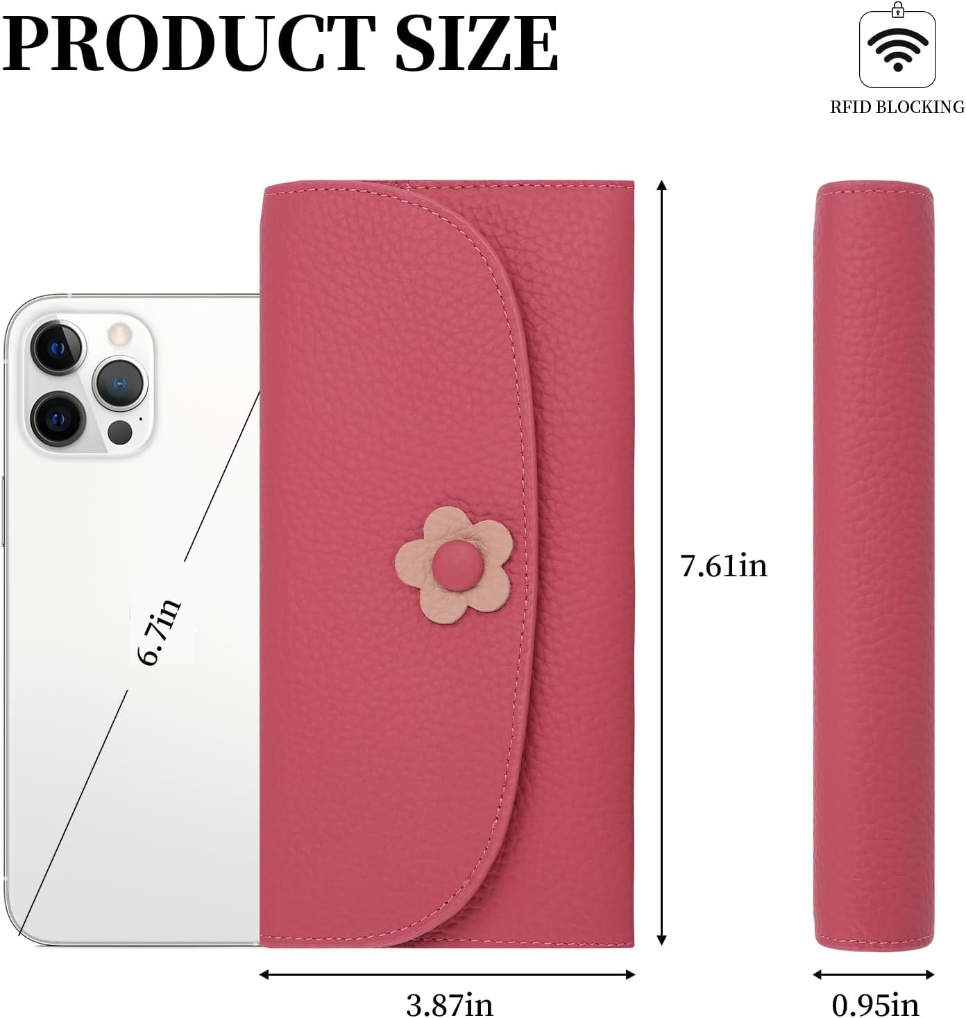 HOTLadies Purse RFID Blocking Genuine Leather Large Capacity Slim Wallet for Women, Rose Red, L, Casual