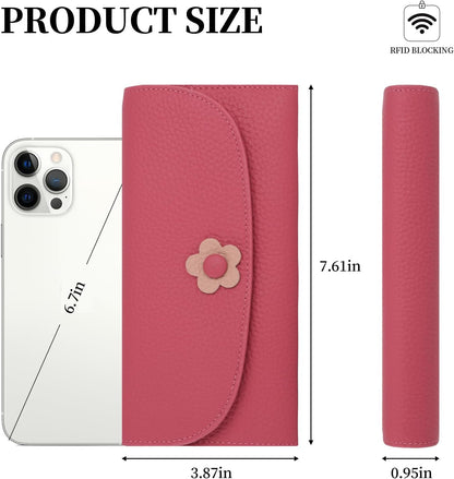 HOTLadies Purse RFID Blocking Genuine Leather Large Capacity Slim Wallet for Women, Rose Red, L, Casual