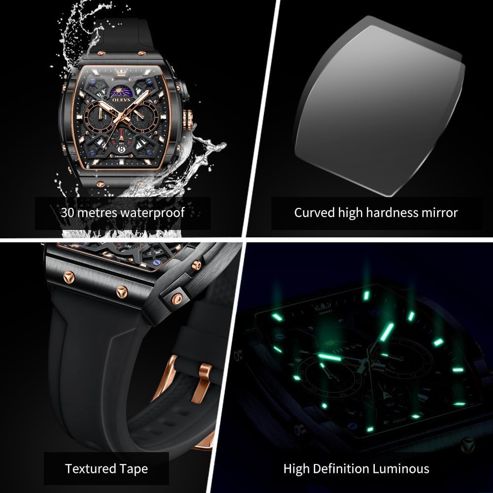 HOTOLEVS Tonneau Square Mens Watches, Fashion Large Face Silicone Band Watches for Men, Multifunctional Chronograph Quartz Men Waterproof Watch