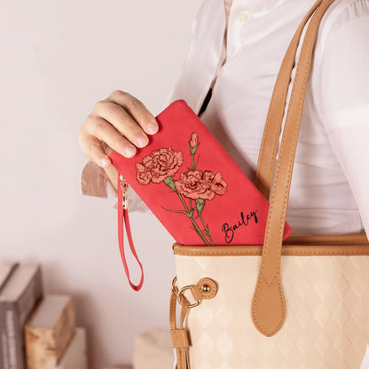 HOTPersonalized Wallets for Women – Custom Wallet with Watercolor Birth Flower & Name, PU Leather Tri-Fold Wristlet Wallet Women, Card Holder Birthday Anniversary Christmas Gift