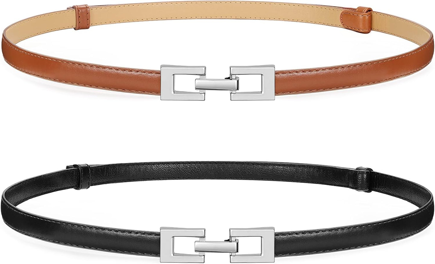 HOTWERFORU 2 Pack Women Skinny Belt Thin Waist Belt for Pants Leather Belt with Gold Buckle for Jeans Dress,0.6" width