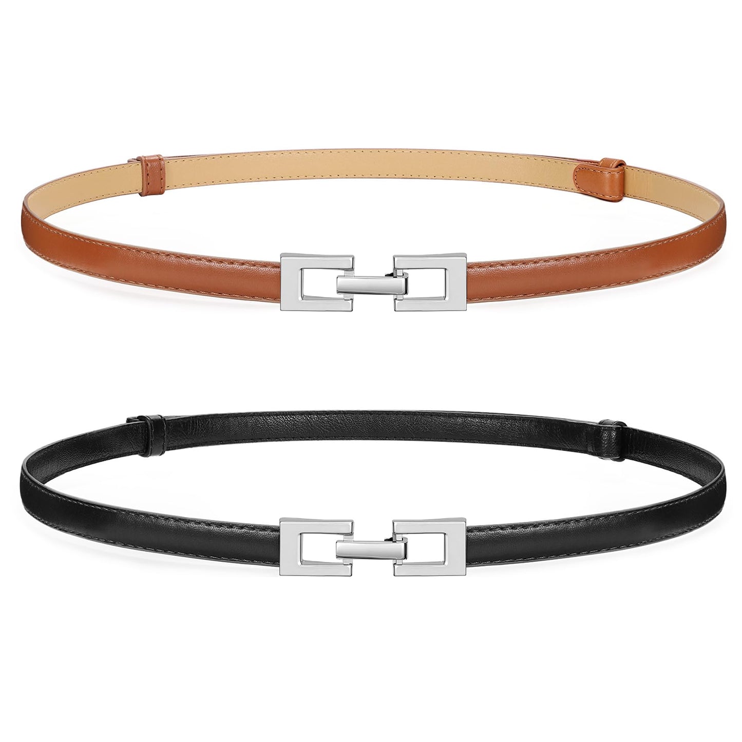 HOTWERFORU 2 Pack Women Skinny Belt Thin Waist Belt for Pants Leather Belt with Gold Buckle for Jeans Dress,0.6" width