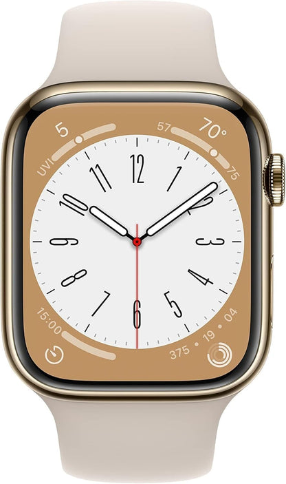 HOTApple Watch Series 8 (GPS + Cellular, 45mm) - Gold Stainless Steel Case with Starlight Sport Band (Renewed)