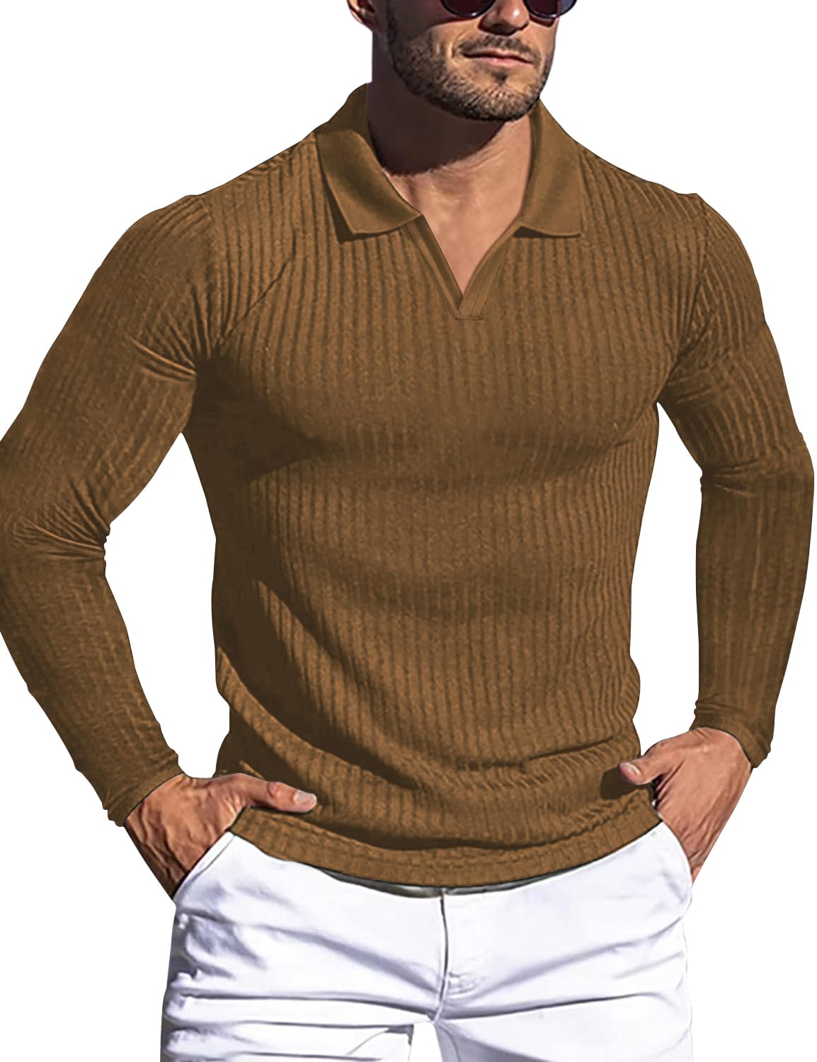 HOTMen's Muscle V Neck Polo Shirts Slim Fit Short Long Sleeve Cotton Golf T-Shirts Ribbed Knit Soft Tees