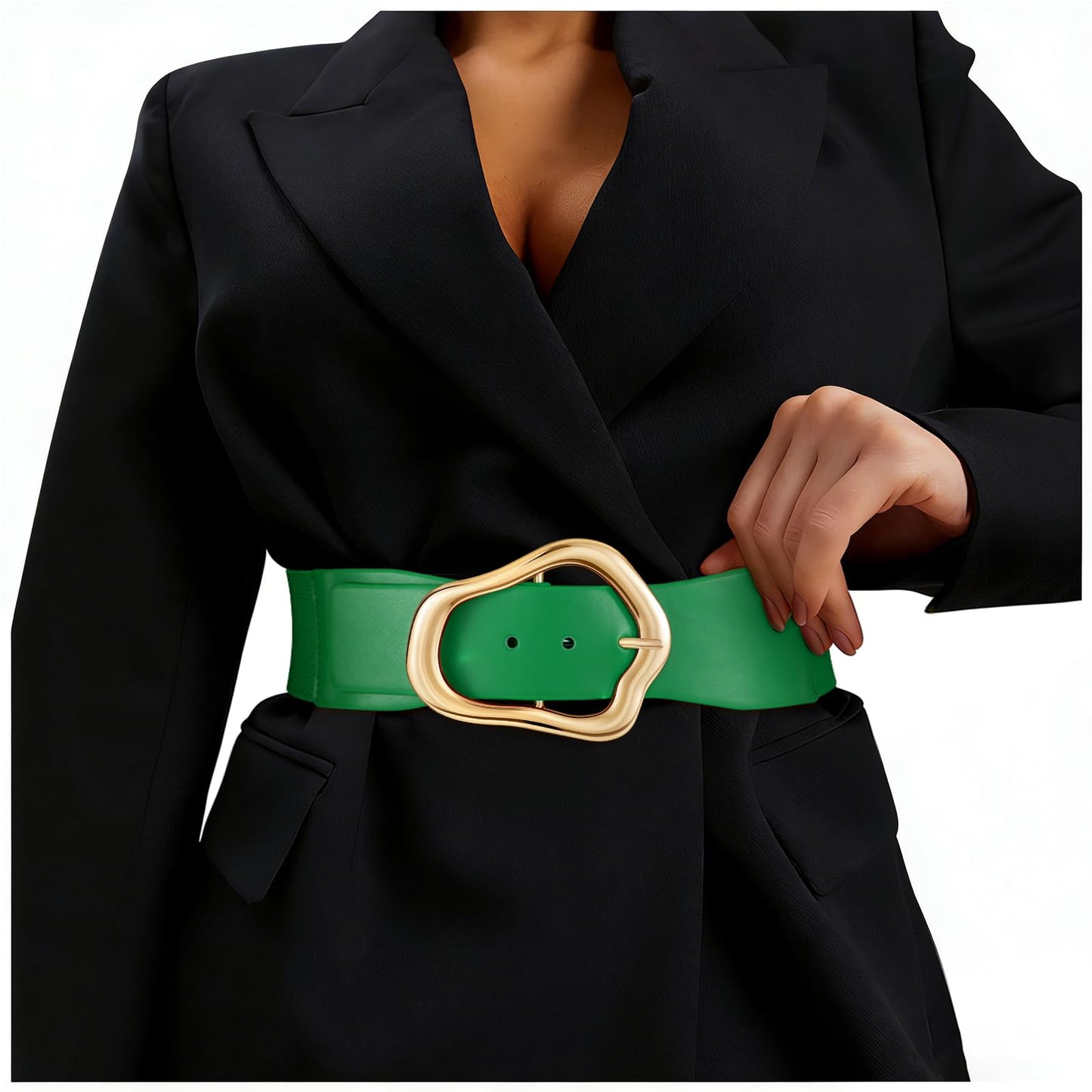 HOTXZQTIVE Women Wide Elastic Waist Belt for Dresses Fashion Big Gold Buckle Stretchy Leather Waistband for Ladies