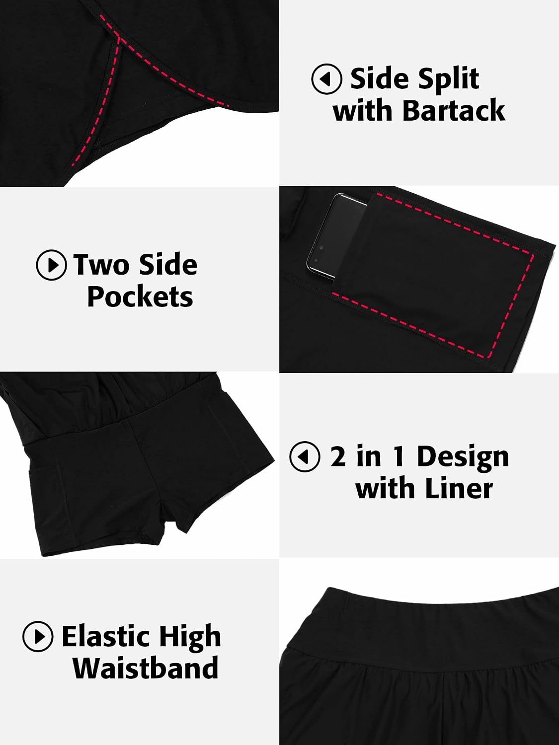 HOTATTRACO Women's Swim Shorts Side Slit 2 in 1 Board Shorts with Pockets | High Waisted, Tummy Control, 2 in 1 with Shorts and Pockets, Moisture Wicking, Surfing, Beach Wear, Swim Bottom