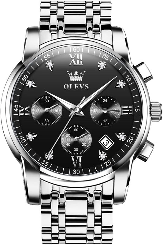 HOTOLEVS Men's Stainless Steel Chronograph Watch, Big Face Gold Silver Black Tone Easy to Read Analog Quartz Watch, Luxury Waterproof Date Diamond Roman Arabic Numerals Dial Dress Watch for Men
