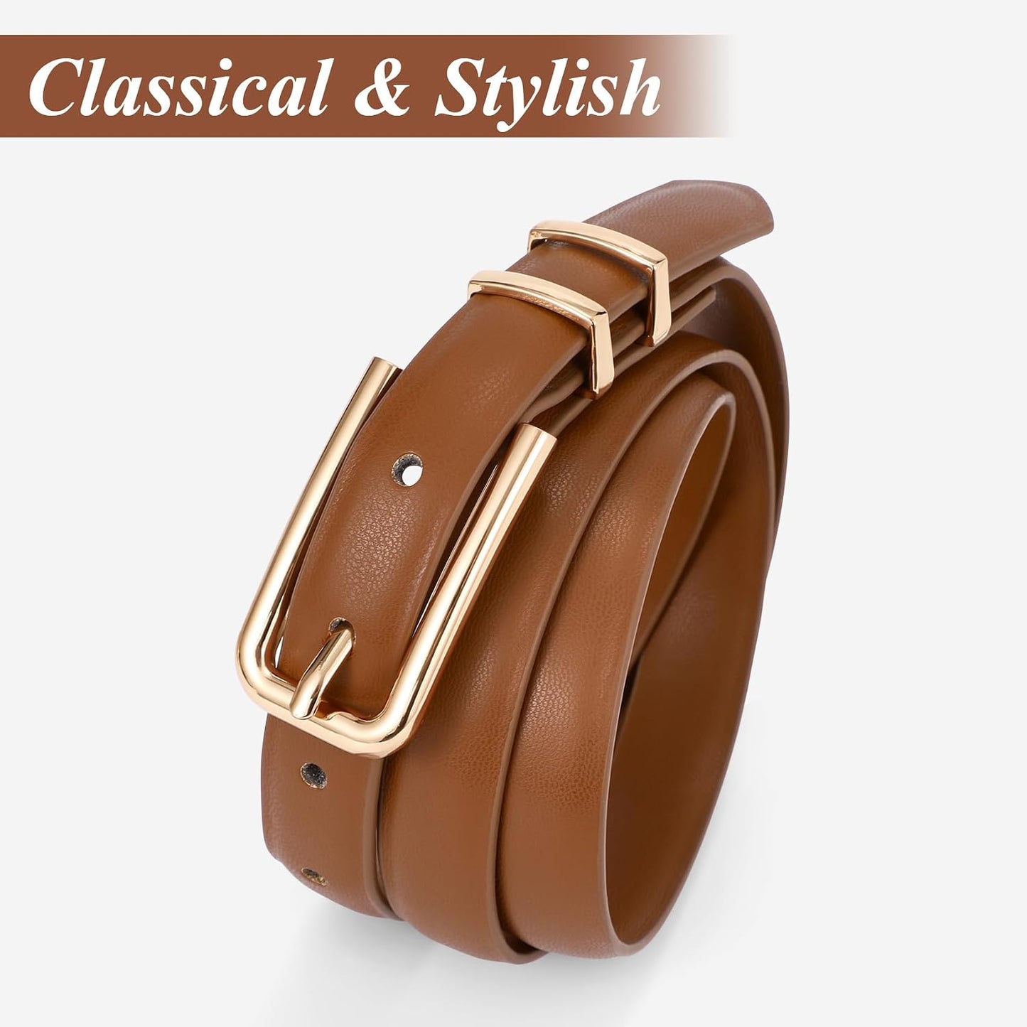 HOTJASGOOD Women's Skinny PU Leather Belt Thin Waist Belt with Gold Buckle for Jeans Pants Dresses 0.7