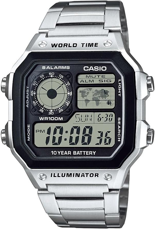 HOTCasio AE1200WH Series | Men’s Digital Watch | 100M WR | Multi Alarms | 100 SEC Stopwatch | Countdown Timer | World Map for World Time | LED Light | LC Analog Display | 10 Year Battery