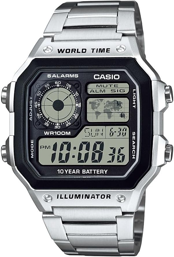 HOTCasio AE1200WH Series | Men’s Digital Watch | 100M WR | Multi Alarms | 100 SEC Stopwatch | Countdown Timer | World Map for World Time | LED Light | LC Analog Display | 10 Year Battery