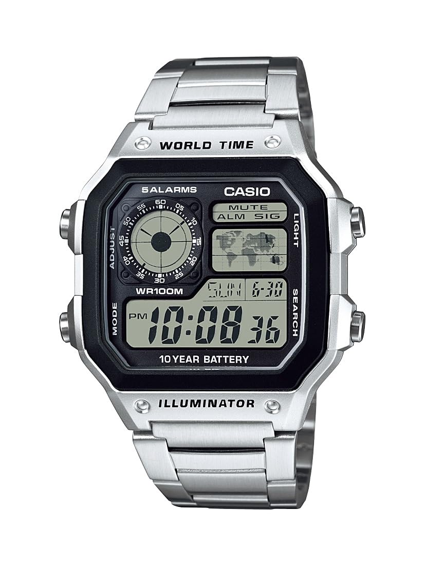 HOTCasio AE1200WH Series | Men’s Digital Watch | 100M WR | Multi Alarms | 100 SEC Stopwatch | Countdown Timer | World Map for World Time | LED Light | LC Analog Display | 10 Year Battery