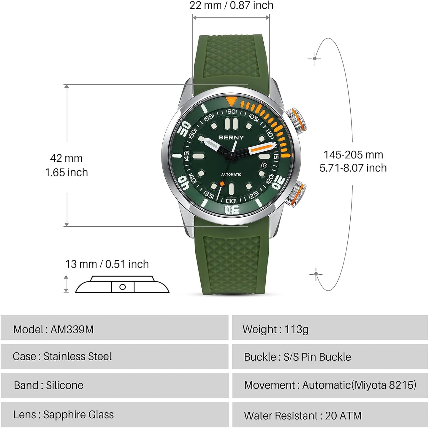 HOTBERNY Men's Dive Watch, Fashion Mechanical Automatic Watches for Men, 20AMT Waterproof Male Wrist Watch, Super Luminous Sapphire Glass Comfortable Silicone Watch Band Luxury Birthday Presents