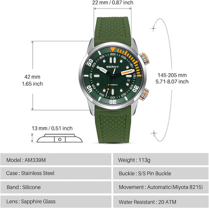 HOTBERNY Men's Dive Watch, Fashion Mechanical Automatic Watches for Men, 20AMT Waterproof Male Wrist Watch, Super Luminous Sapphire Glass Comfortable Silicone Watch Band Luxury Birthday Presents