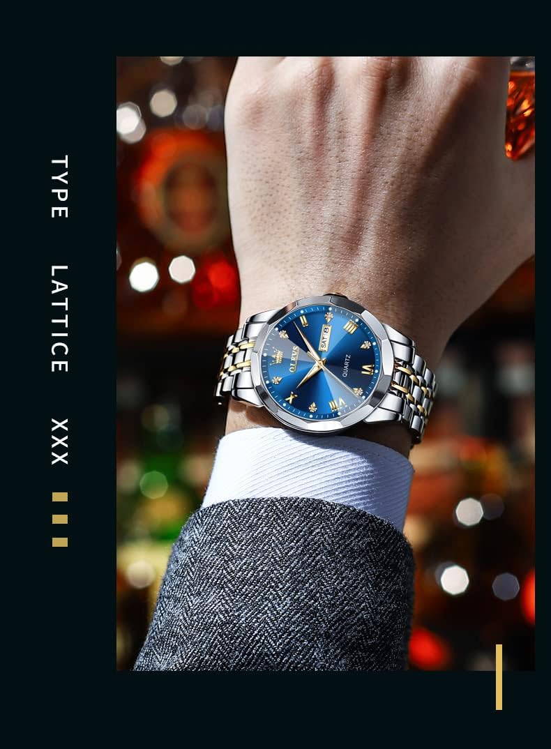 HOTOLEVS Watch for Men Diamond Business Dress Analog Quartz Stainless Steel Waterproof Luminous Date Two Tone Luxury Casual Wrist Watch Blue